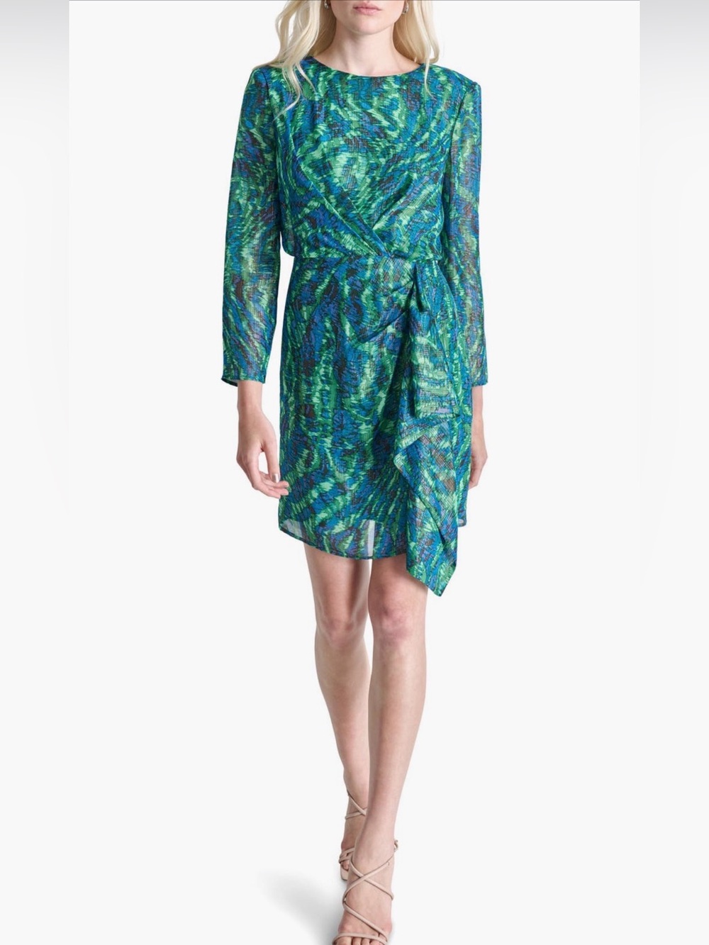 NWT DKNY Green & Blue Side Draped Long Sleeve Dress Size 14